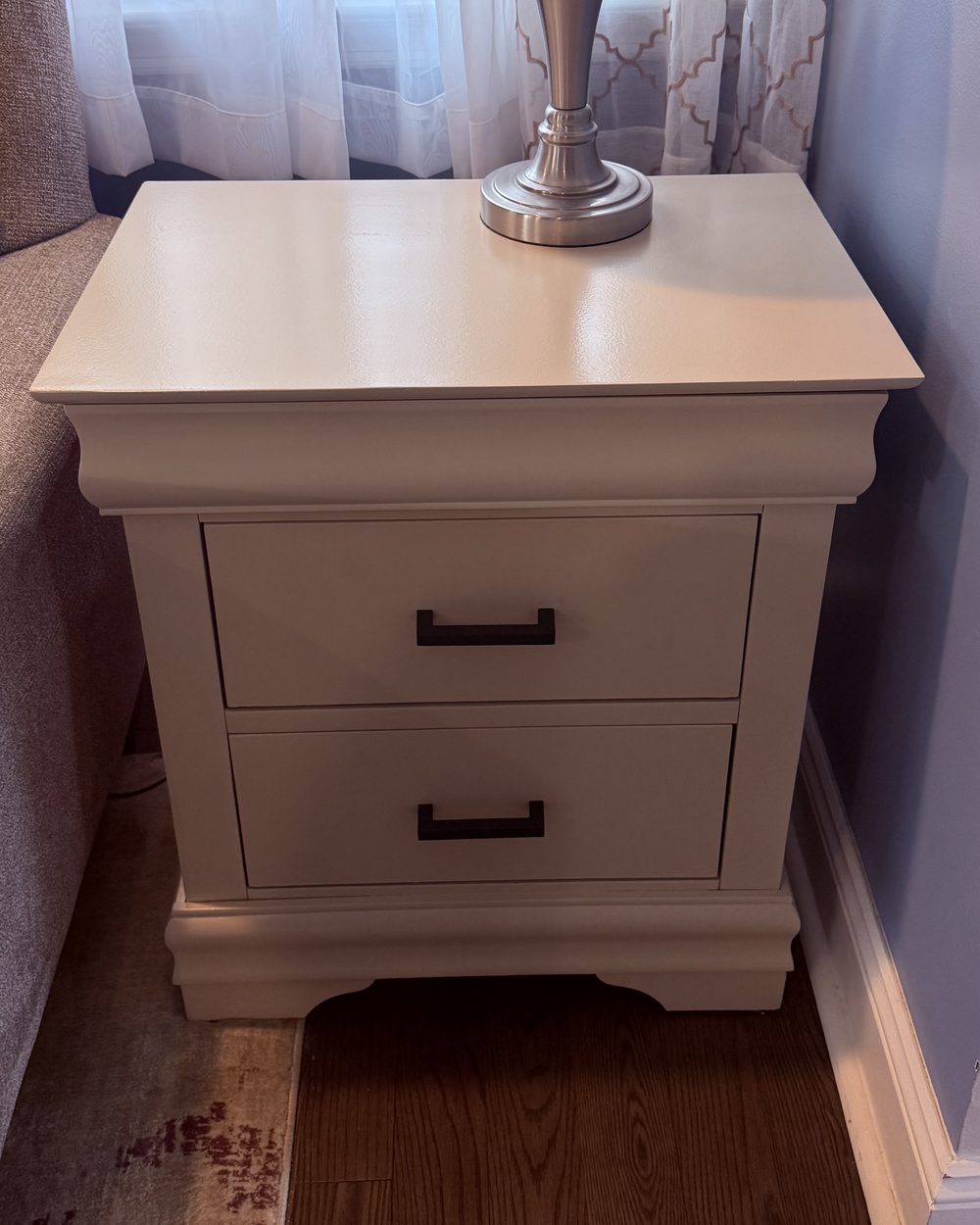 Two-drawer nightstand after refinishing