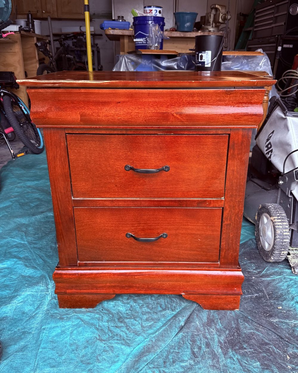 Two-drawer nightstand before refinishing